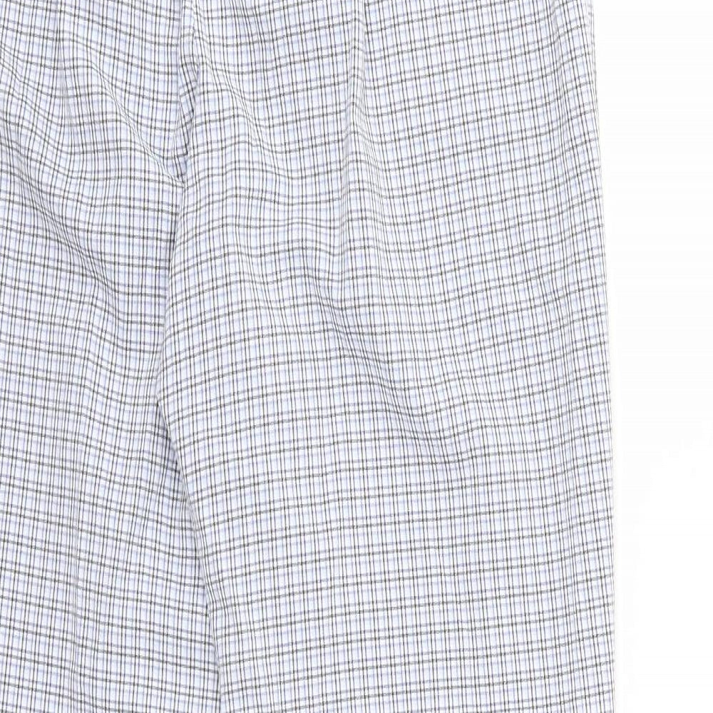 Brand and care label for happit women’s blue check trousers, size UK 14, 27-inch leg