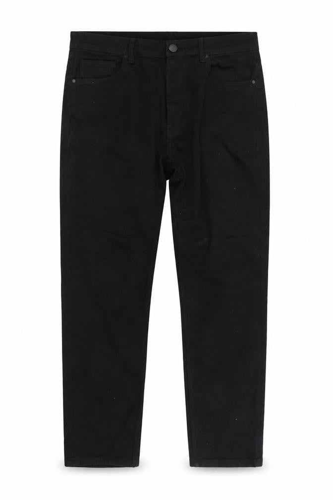 Front view of women’s black straight jeans, size L, 30-inch leg