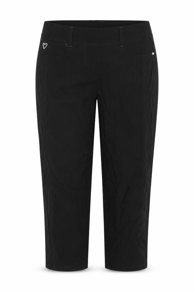 Front view of pre worn women’s black trousers, size UK 8, 24-inch leg