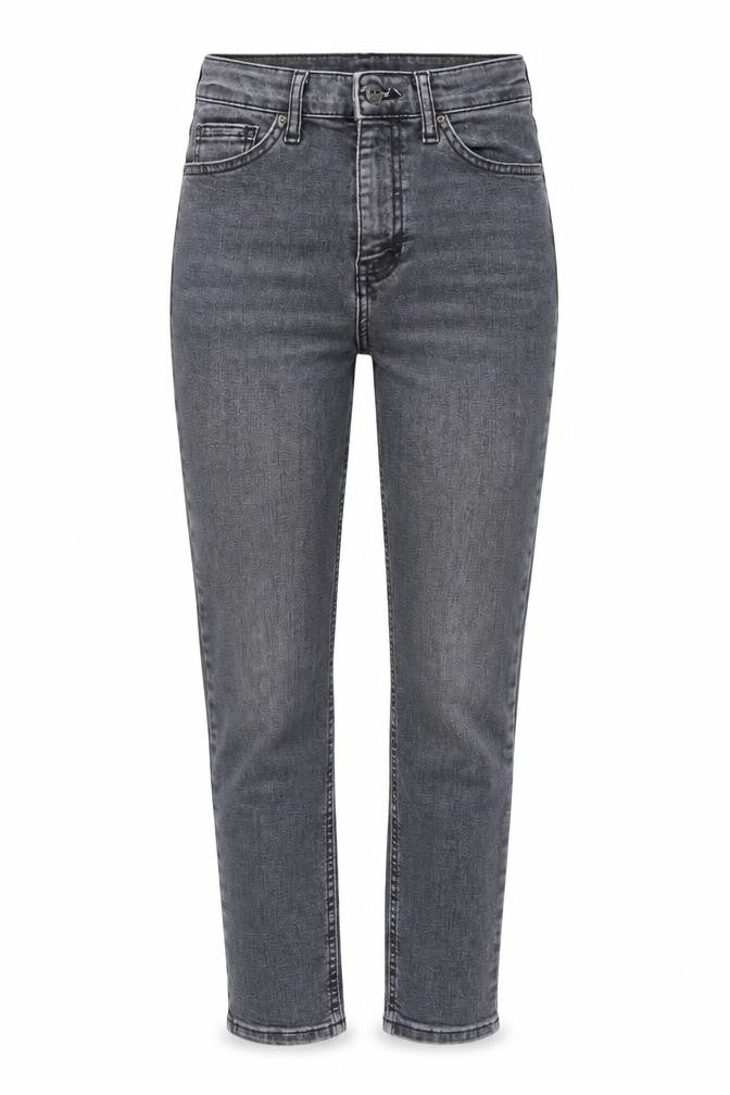 Front view of women’s grey straight jeans, size UK 10, 27-inch leg
