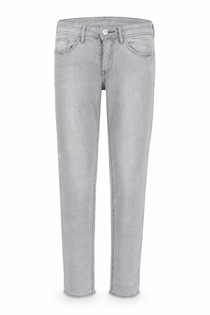 Front view of H&M women’s grey straight jeans, size S, 32-inch leg