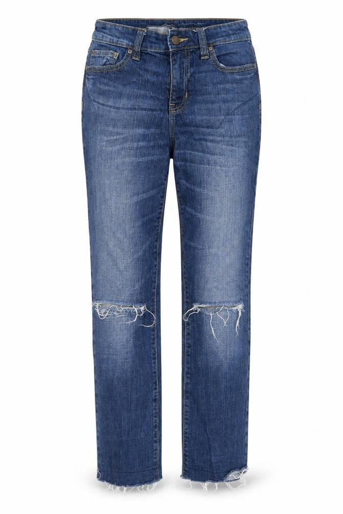 Front view of women’s blue straight jeans, size UK 10, 34-inch leg