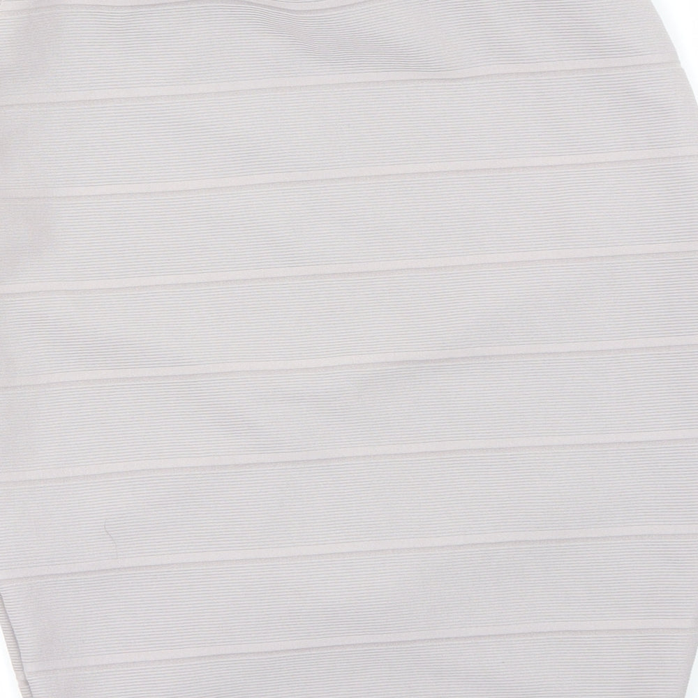 Brand and care label for Miss Selfridge women’s grey a-line skirt, size UK 8