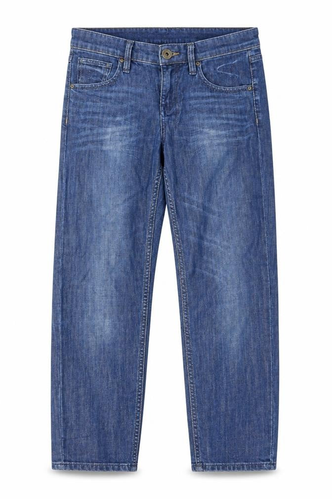 Front view of women’s blue straight jeans, size UK 28, in, 25-inch leg