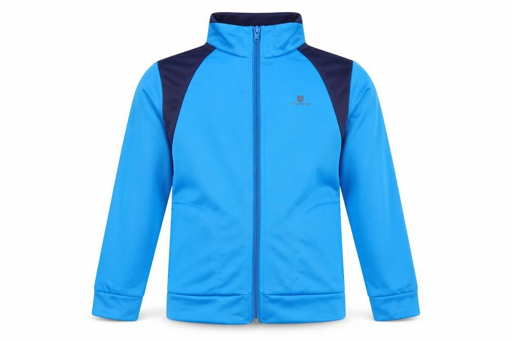 Front view of Domyos boys’ blue full zip sweatshirt, size 10, years