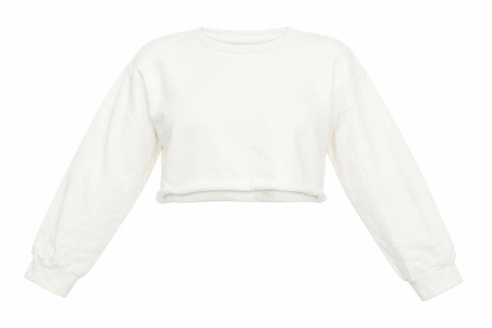 Front view of PRETTYLITTLETHING Prettylitlething women’s white pullover sweatshirt, size UK 10, - crop top