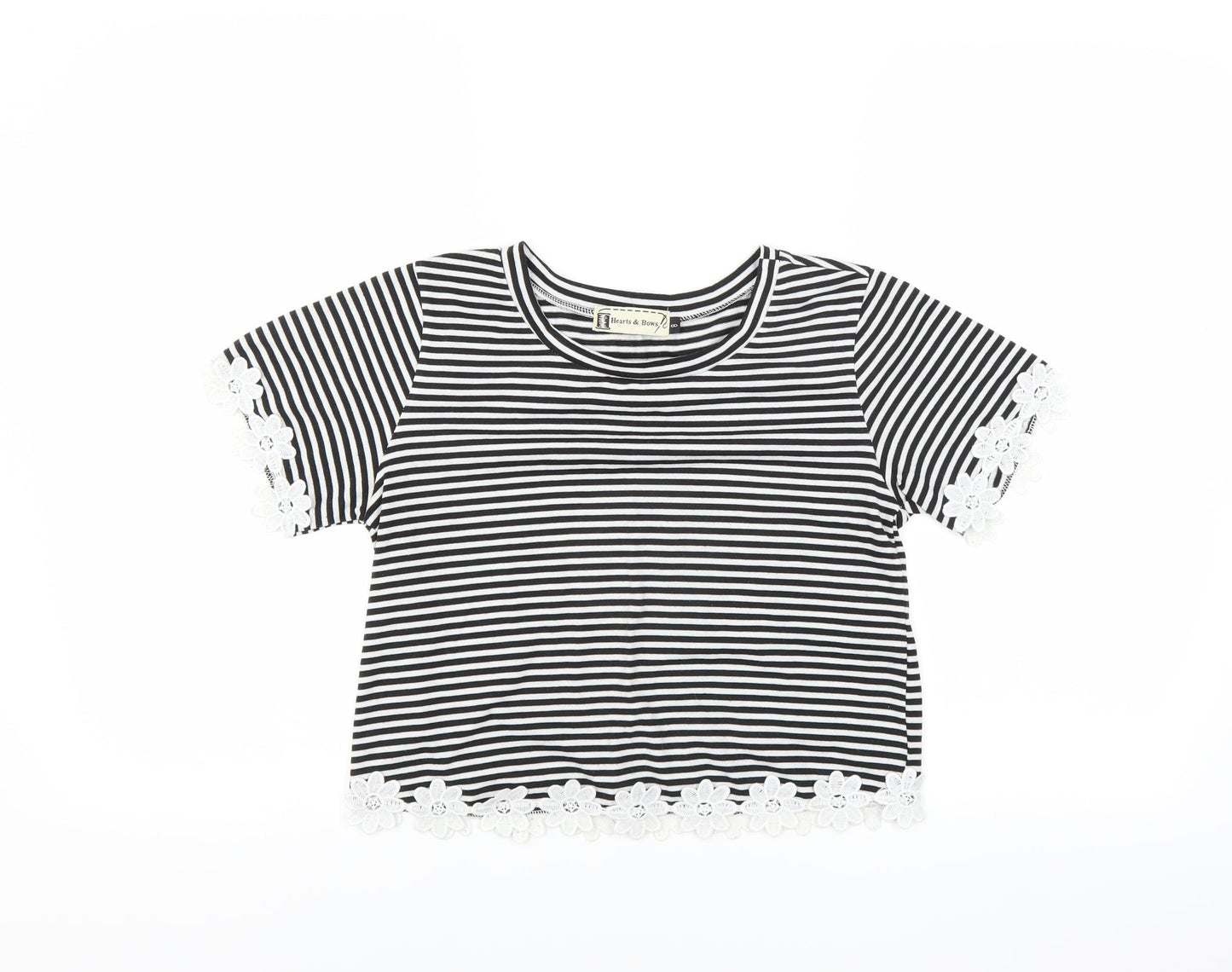Hearts & Bows Womens Black Striped  Basic T-Shirt Size 8  - CROPPED