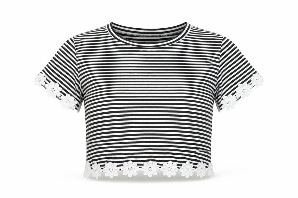Front view of Hearts & Bows women’s black striped basic t-shirt, size UK 8, - cropped