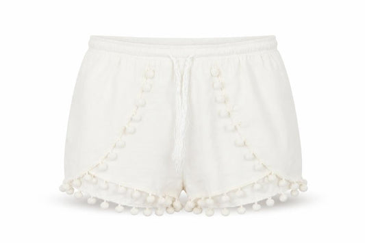 Front view of Vera & Lucy women’s white hot pants shorts, size L, - tassel hem