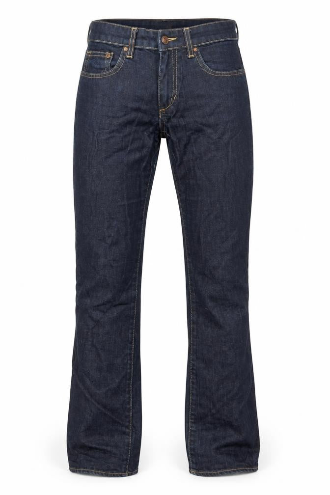 Front view of H&M men’s blue denim straight jeans, size 28, in, 31-inch leg