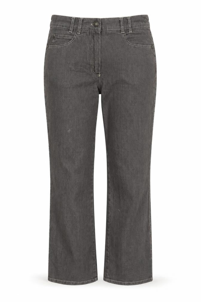 Front view of women’s grey straight jeans, size UK 34, in, 29-inch leg