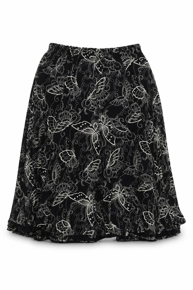 Front view of Preworn women’s black a-line skirt, size UK 36, in - butterflies