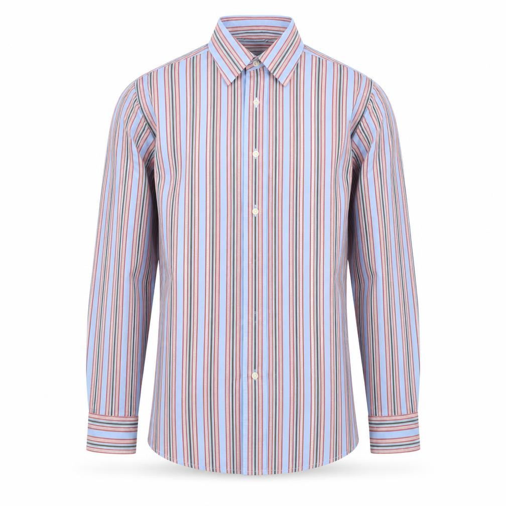 Front view of Gap men’s blue striped button-up, size S