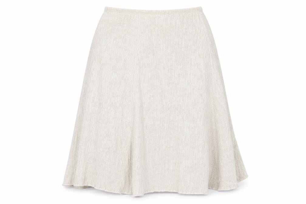 Front view of Preworn women’s beige a-line skirt, size UK 30, in