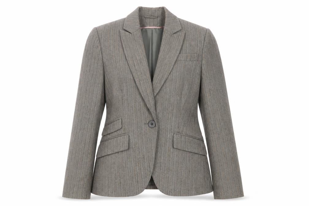 Front view of Dorothy Perkins women’s brown striped jacket suit jacket, size UK 12