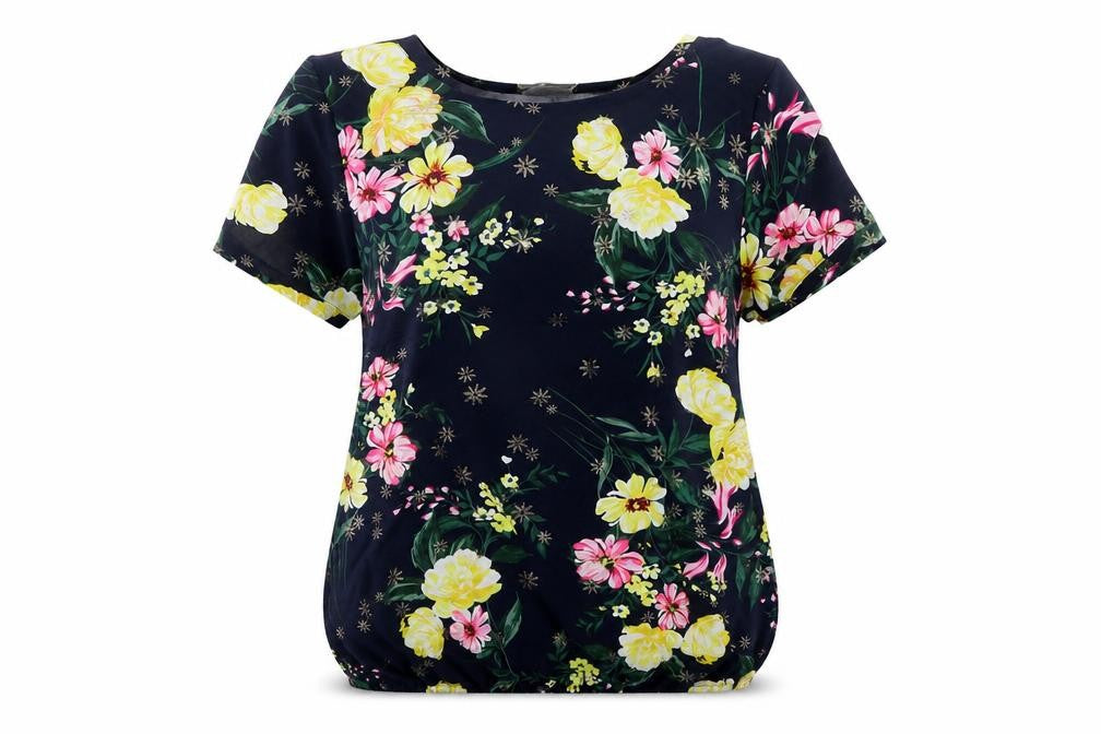 Front view of Ppaya women’s blue floral basic t-shirt, size UK 10