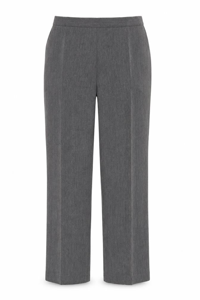 Front view of Preworn women’s grey trousers, size UK 34, in, 29-inch leg