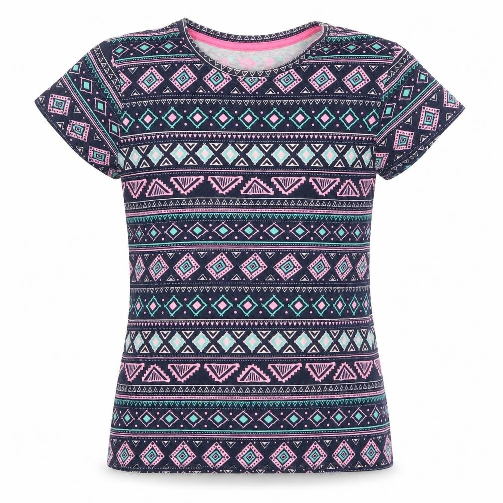 Front view of Yooung Dimension girls’ blue geometric basic t-shirt, size 8-9, years