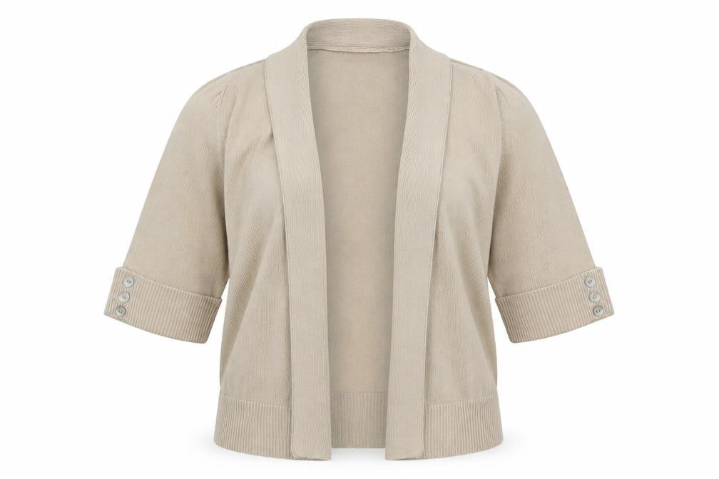 Front view of BHS women’s beige cardigan jumper, size UK 10