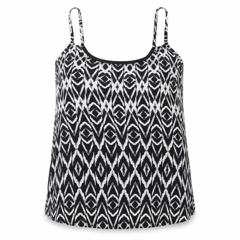 Front view of QED London women’s black geometric basic tank, size UK 10