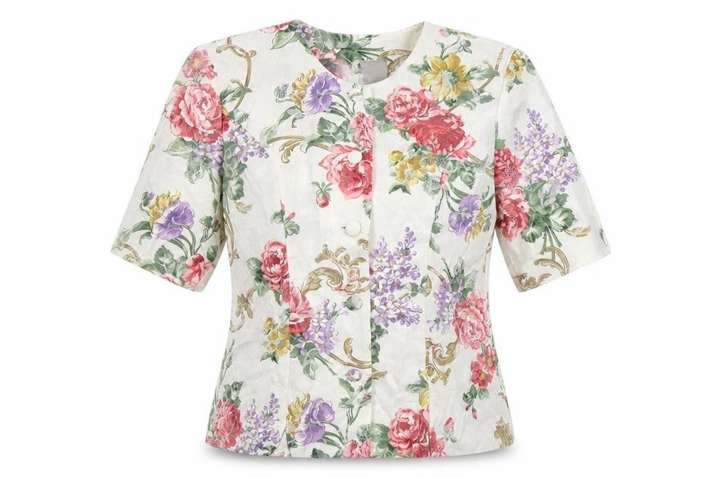 Front view of Classics Woman women’s white floral jacket suit jacket, size UK 14