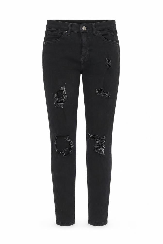 Front view of Topshop women’s black denim skinny jeans, size UK 28, 30-inch leg