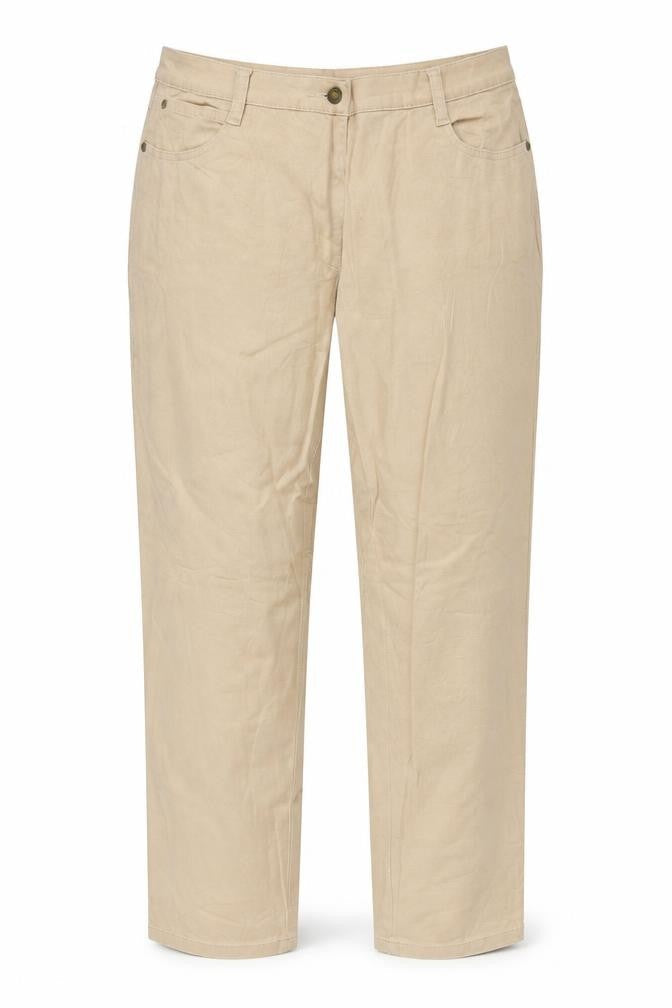 Front view of Preworn women’s brown chino trousers, size UK 36, in, 30-inch leg