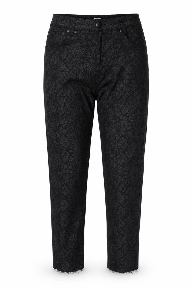 Front view of luccd women’s black floral trousers, size UK 8, 23-inch leg