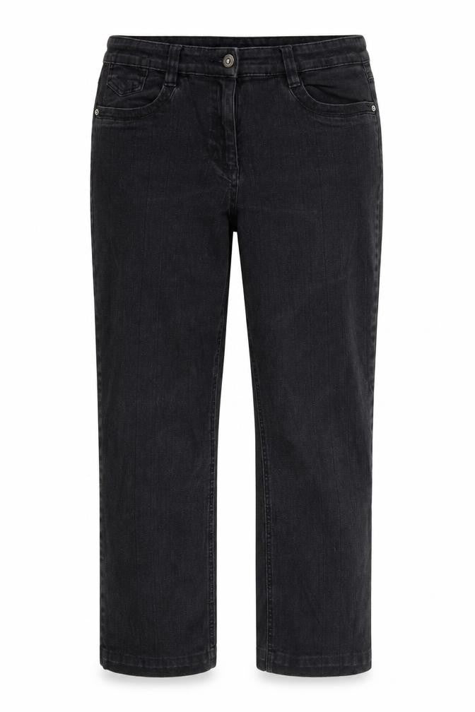 Front view of WOMbat women’s black denim straight jeans, size UK 14, 27-inch leg