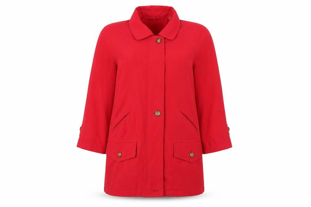Front view of Hamells women’s red anorak coat, size UK 10