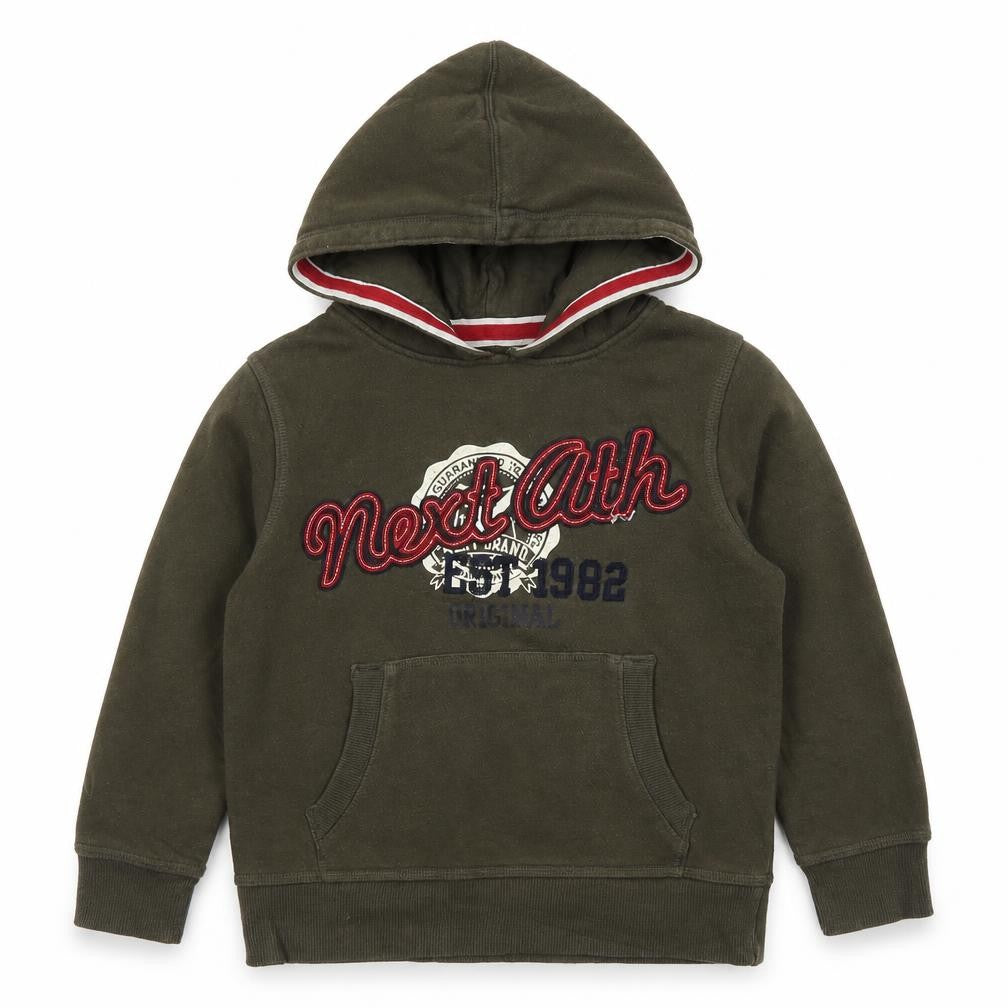 Front view of Next boys’ green pullover hoodie, size 5, years