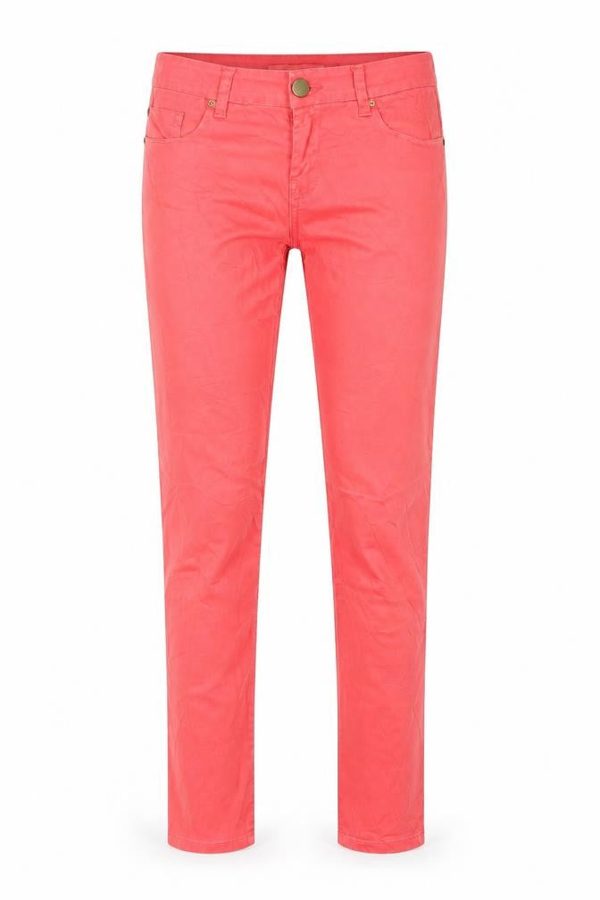 Front view of women’s pink skinny jeans, size UK 8, 27-inch leg