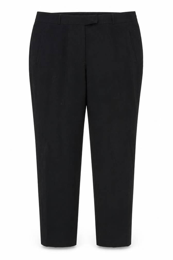 Front view of Marks & Spencer women’s black rayon dress pants trousers, size UK 18, 28-inch leg