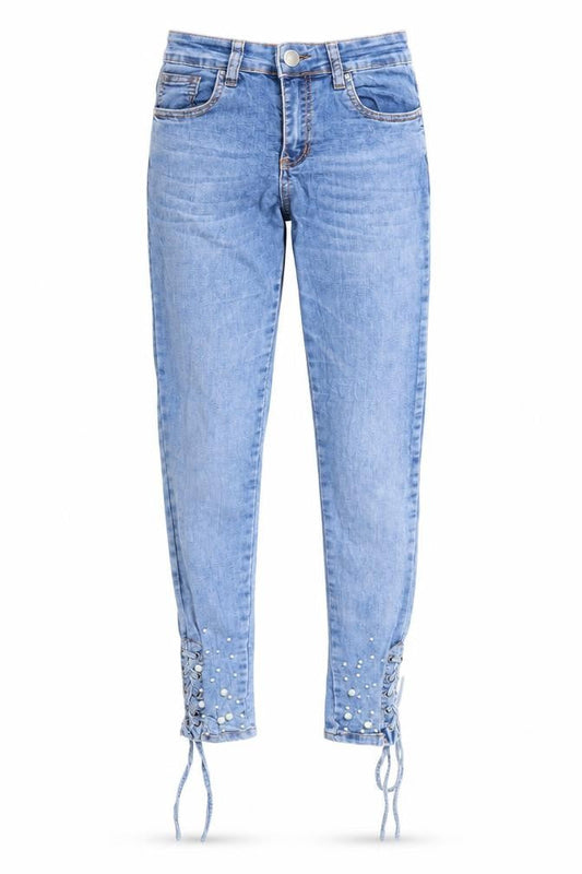 Front view of MISS RJ women’s blue denim skinny jeans, size UK 8, 28-inch leg