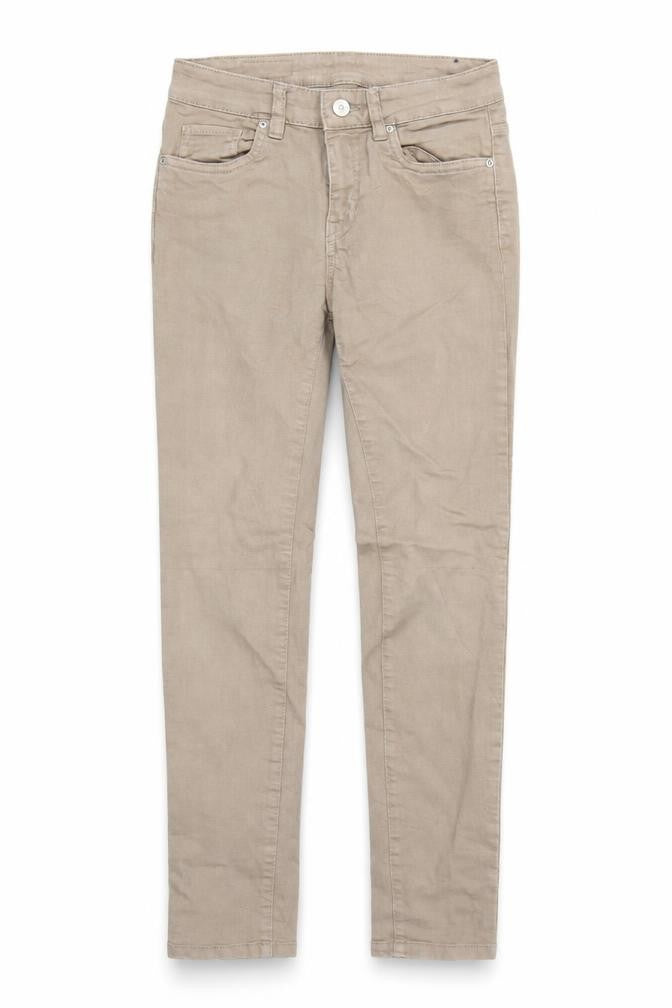Front view of Timeless men’s brown denim skinny jeans, 30-inch leg