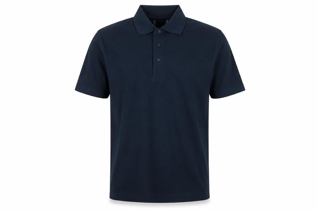Front view of Preworn men’s blue polo, size M