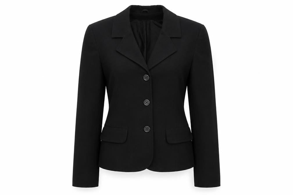 Front view of Preworn women’s black jacket suit jacket, size UK 8