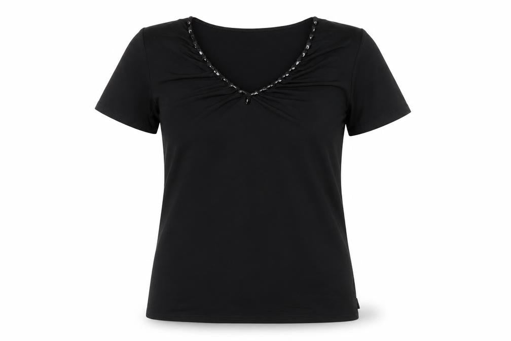 Front view of Michelle Hope women’s black jersey basic t-shirt, size UK 10