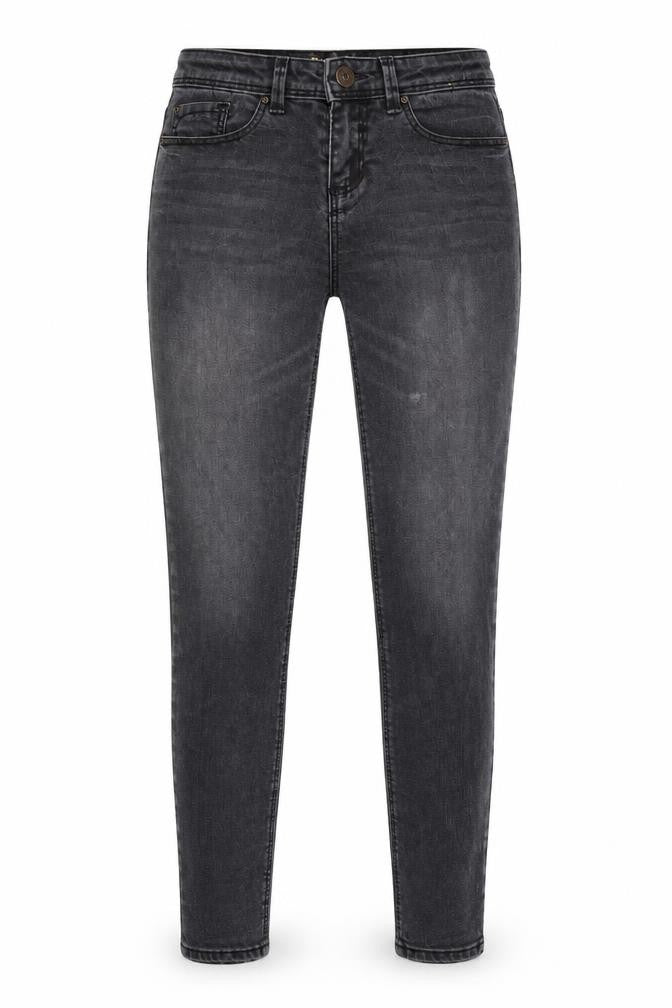 Front view of women’s grey denim skinny jeans, size UK 8, 28-inch leg