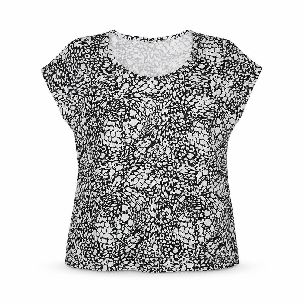 Front view of Authentic women’s black animal print basic t-shirt, size UK 18