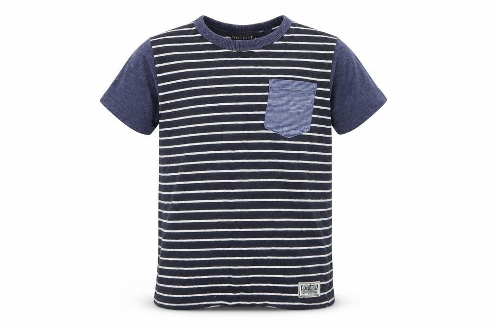Front view of Next boys’ blue striped basic t-shirt, size 6, years