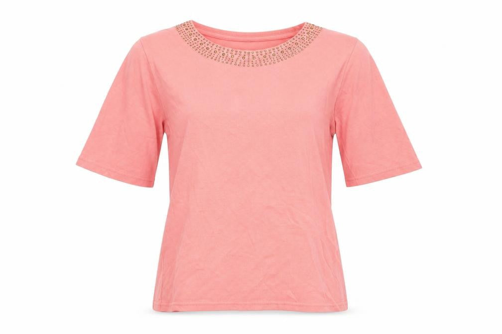 Front view of isle women’s pink basic t-shirt, size S