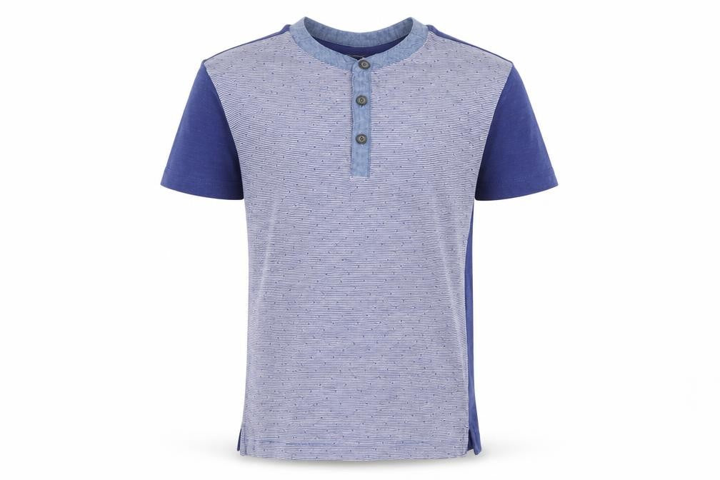 Front view of Matalan boys’ blue striped basic t-shirt, size 8, years
