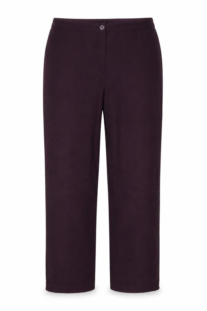Front view of Preworn women’s purple trousers, size UK 30, in, 24-inch leg