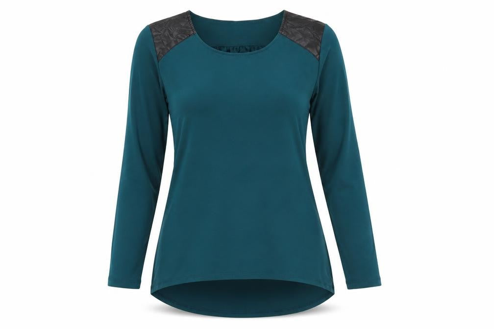 Front view of Susan Graver women’s green tunic blouse, size S