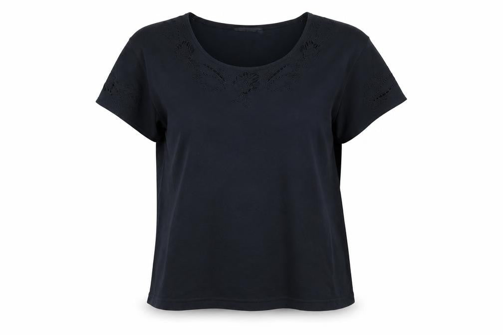 Front view of Emerco women’s black basic t-shirt, size UK 20