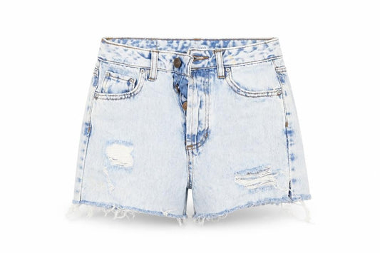 Front view of Pull&Bear women’s blue denim cut-off shorts, size UK 32, in