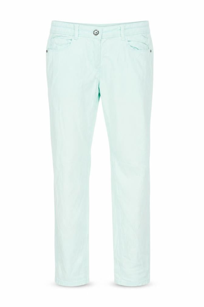 Front view of Yigga girls’ green straight jeans, size 14, years