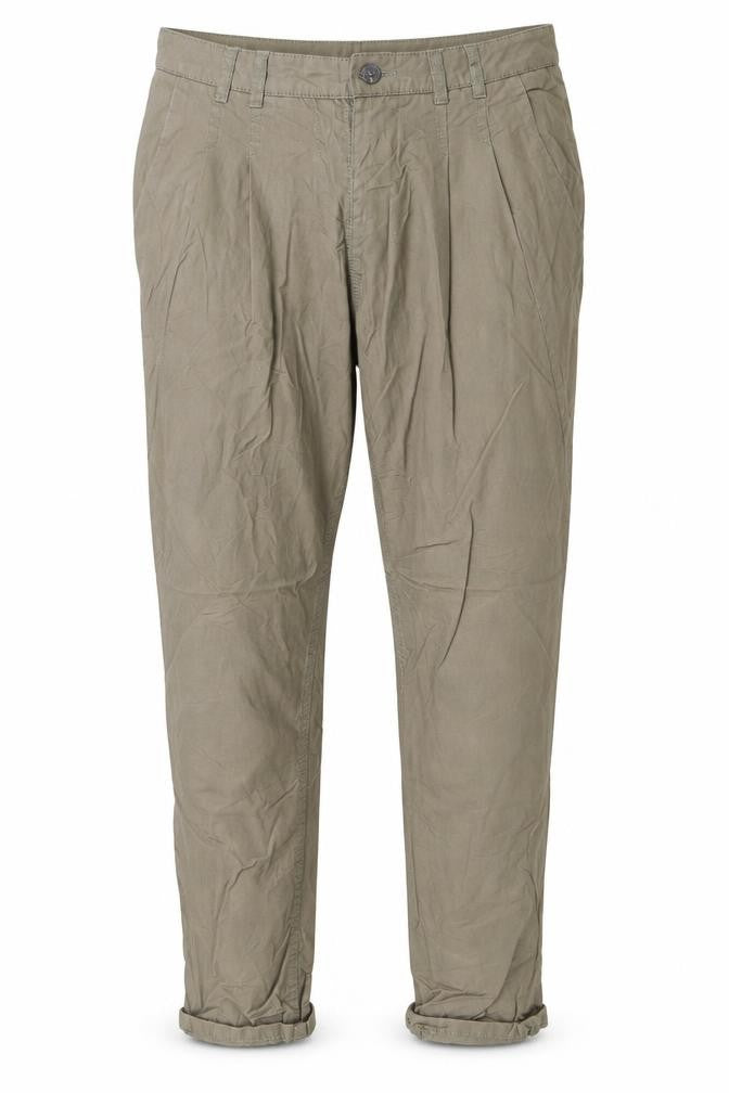 Front view of H&M women’s green chino trousers, size UK 34, 28-inch leg