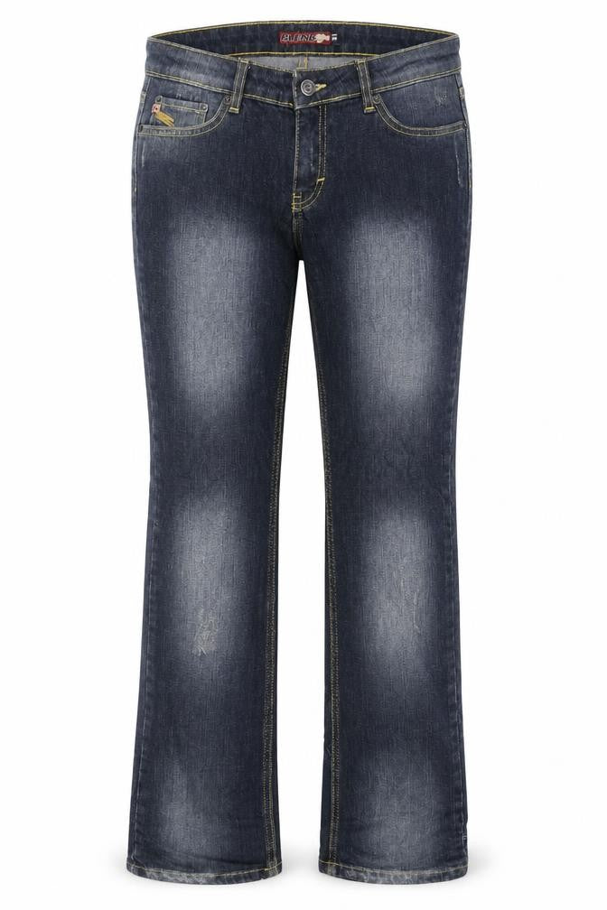 Front view of women’s blue denim straight jeans, size UK 29, in, 33-inch leg